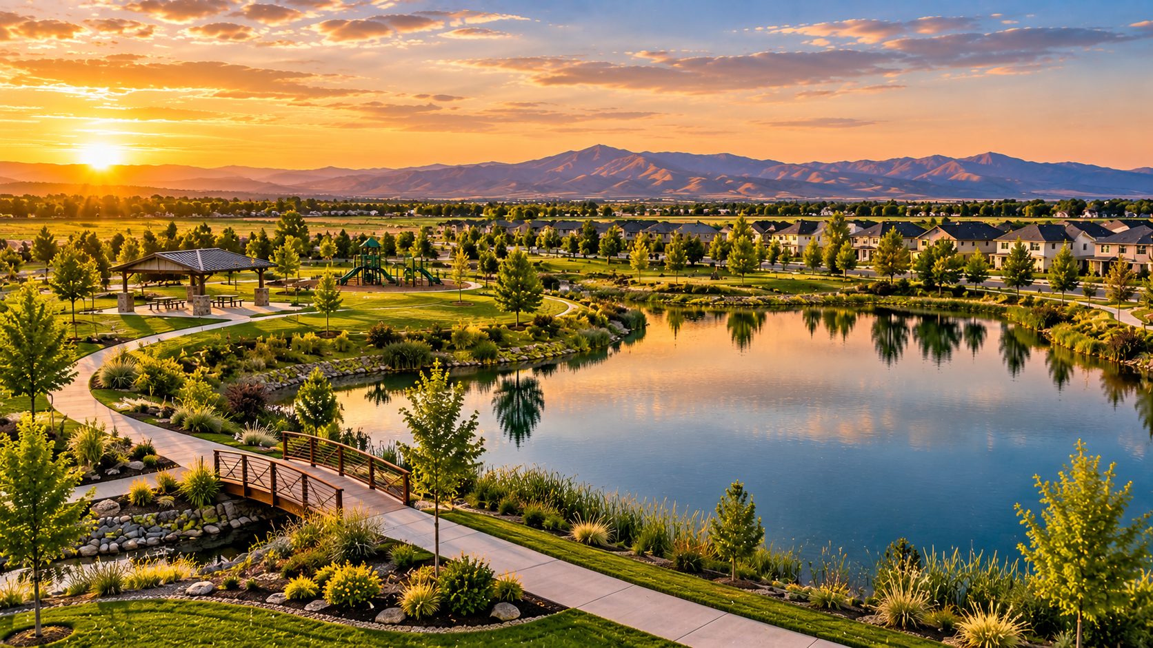 Planned residential community with a pond, walking paths, and mountain views