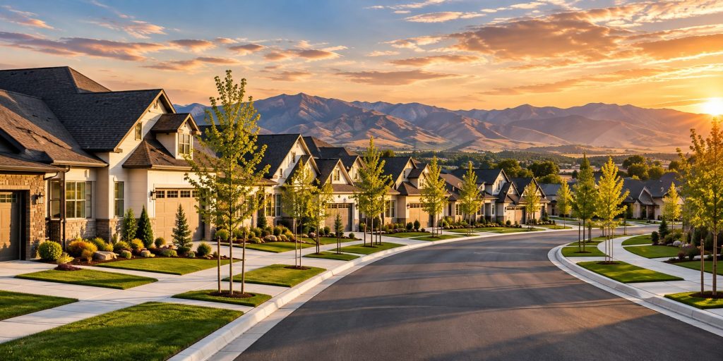 Finished residential neighborhood with landscaped streets and mountain views