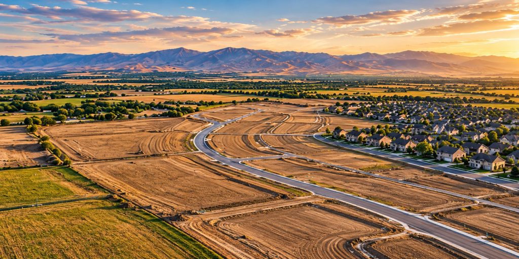 Aerial view of land being developed into a residential community with mountains in the background
